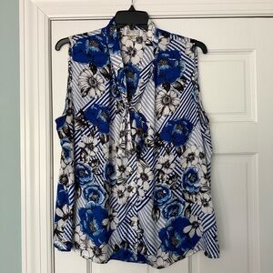 Tahari Blue and Black Floral Blouse